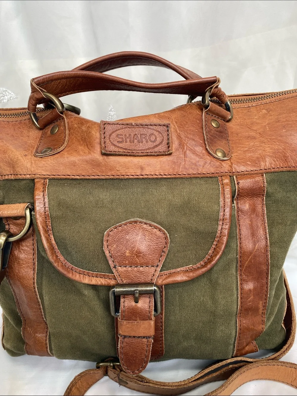 Olive Green Canvas & Brown Leather Messenger Bag